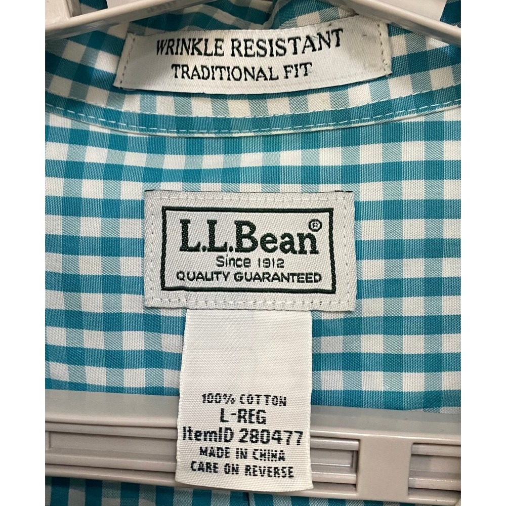 LL BEAN Mens Large Button Down Shirt Blue White Gingham Cotton Wrinkle Resistant - Picture 4 of 7